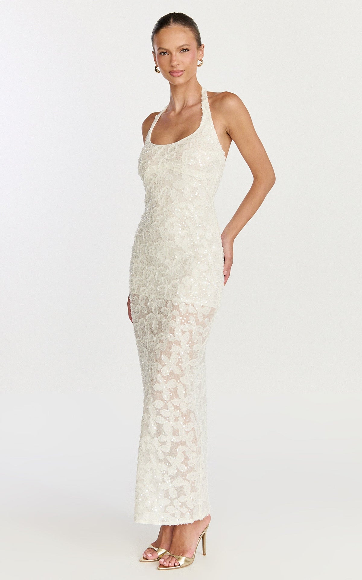 Benny Maxi Dress - Halter Neck Backless Bodycon Dress in Off White