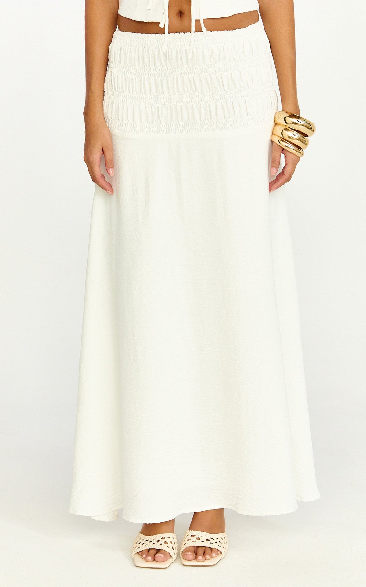 Bianca Midi Skirt - Shirred Yoke Circle Hem Skirt in White