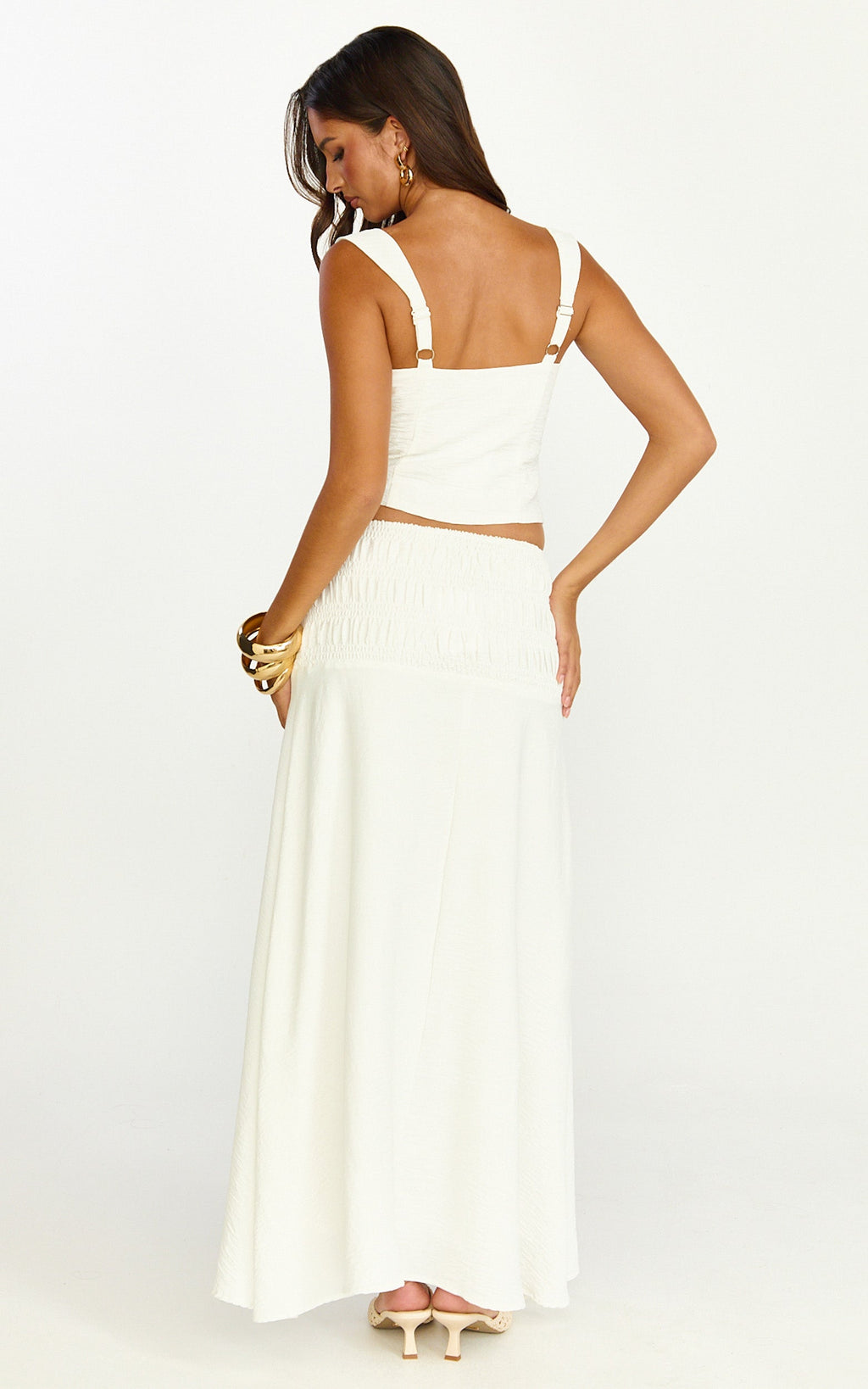 Bianca Midi Skirt - Shirred Yoke Circle Hem Skirt in White