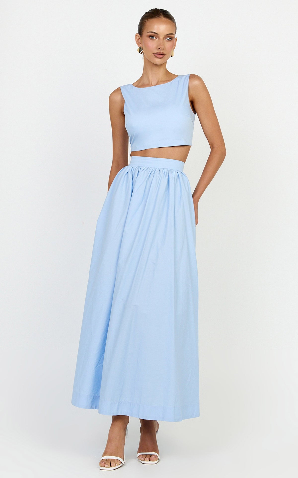 Billie Two Piece Top and Skirt Set - Tie Back Top with Full Maxi Skirt in Blue