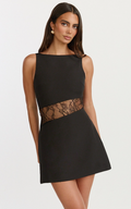Blossom Mini Dress - Boat Neck Fitted A Line Lace Insert Dress in Black