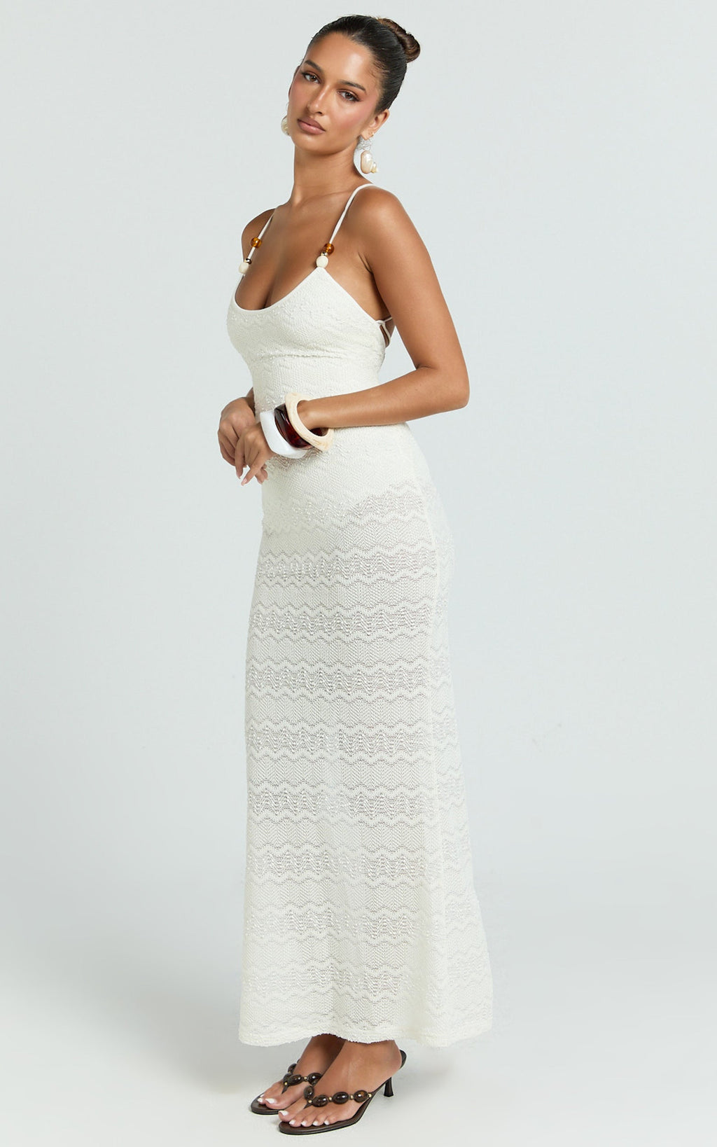 Bonnie Maxi Dress - Beaded Strap Detail Cross Tie Back Dress in Ivory