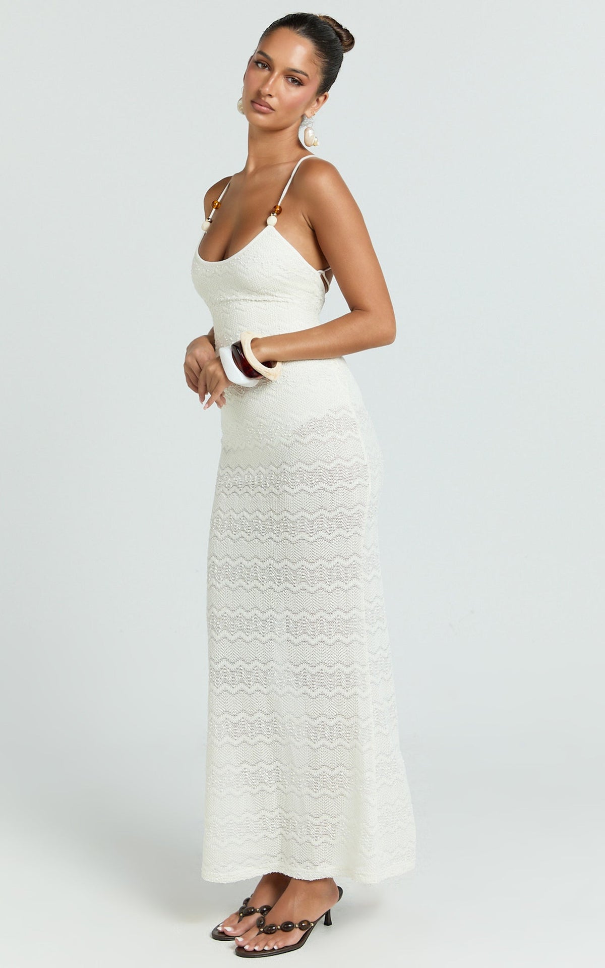 Bonnie Maxi Dress - Beaded Strap Detail Cross Tie Back Dress in Ivory