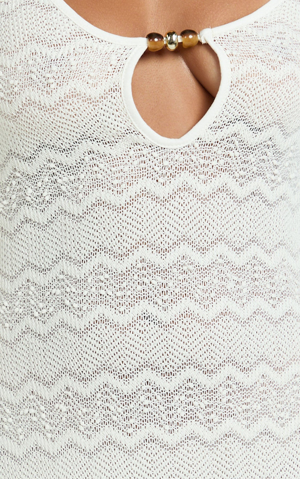 Bonnie Mini Dress - Beaded Keyhole Neckline Long Sleeve Dress in Ivory