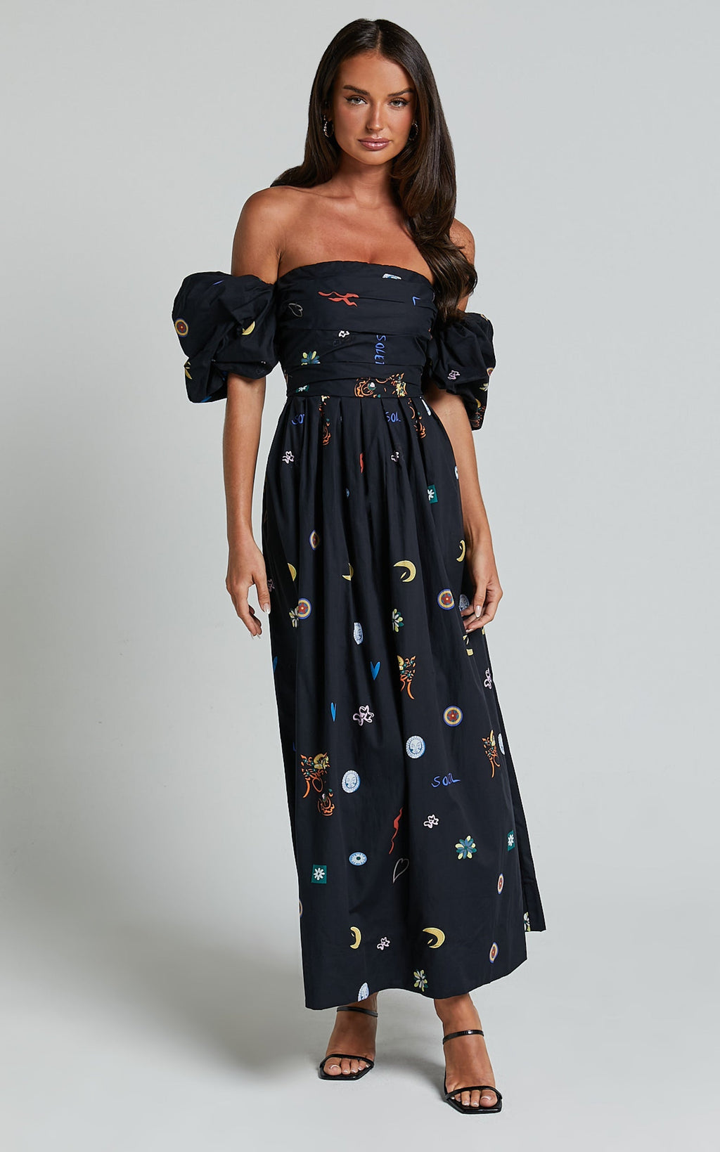 Brianna Midi Dress - Off Shoulder Dress in Black Print