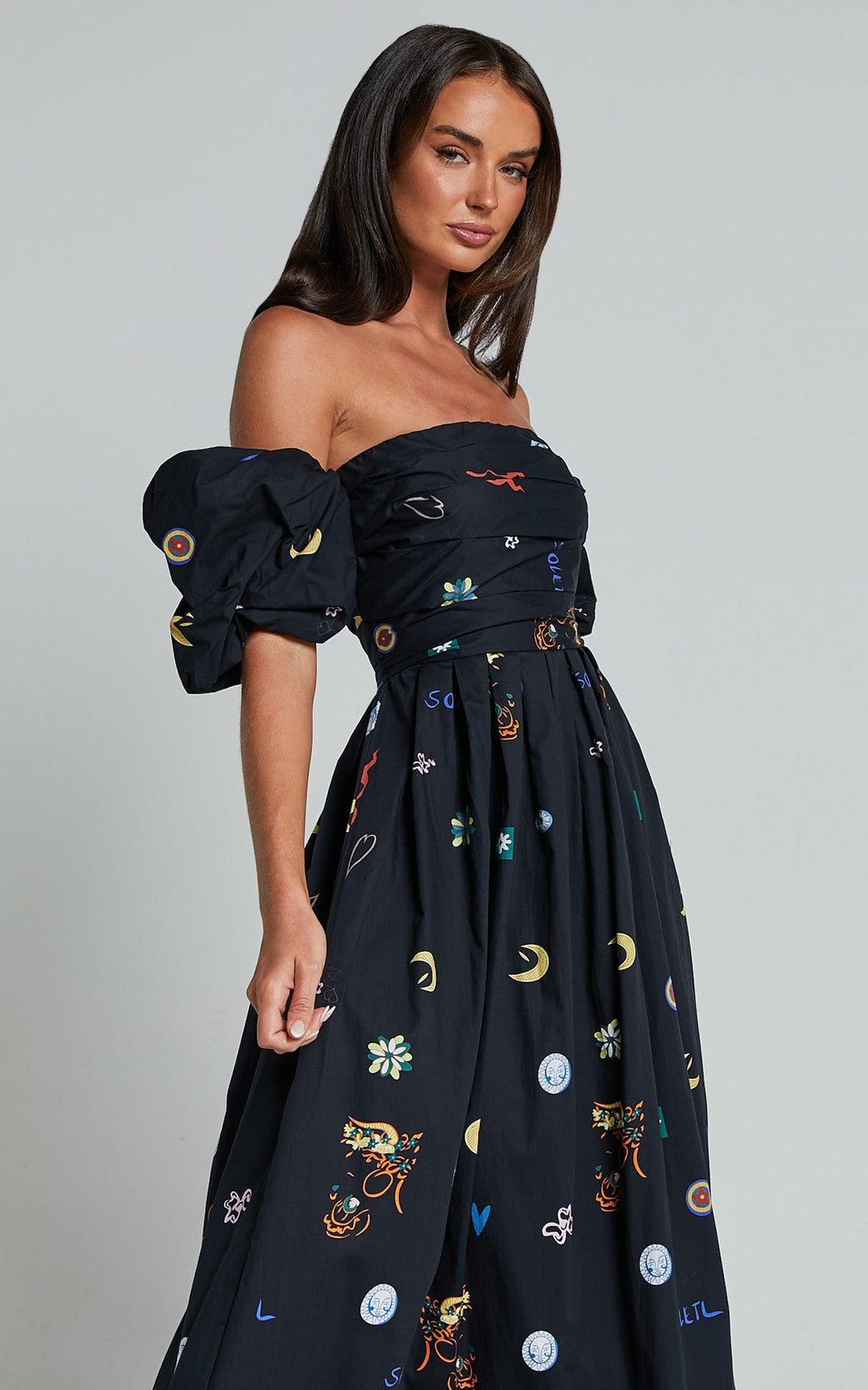 Brianna Midi Dress - Off Shoulder Dress in Black Print