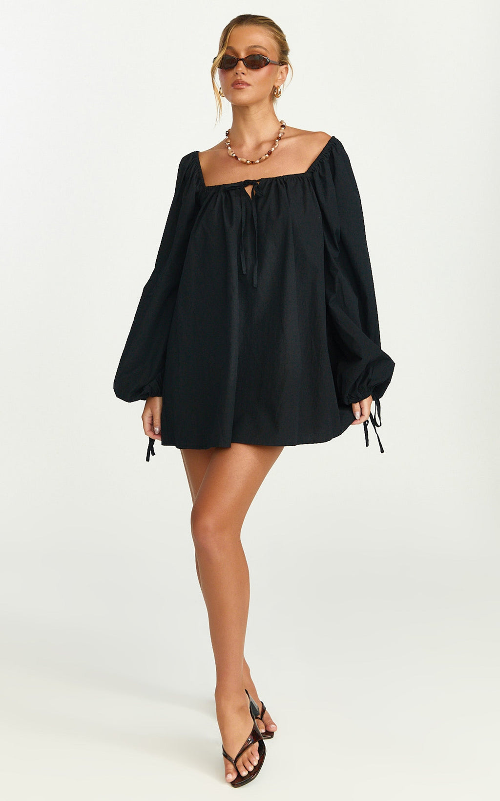 Brixton Mini Dress - Square Neck Smock Dress in Black
