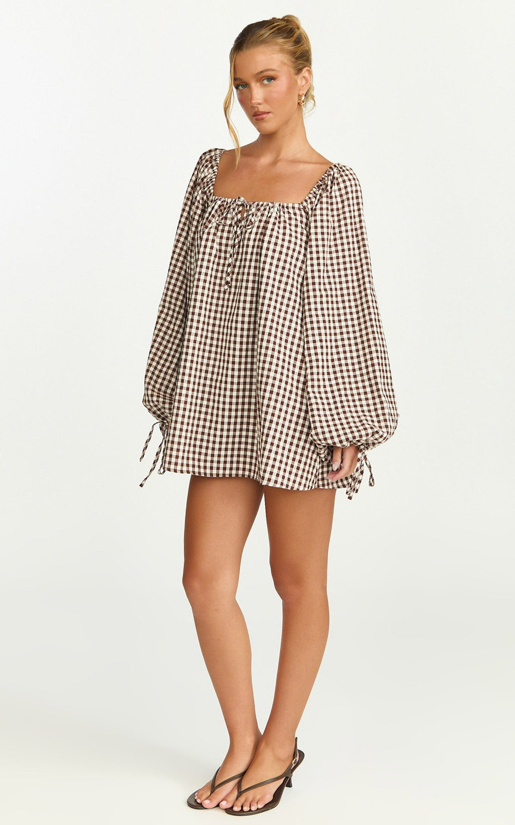 Brixton Mini Dress - Square Neck Smock Dress in Chocolate