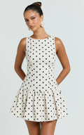 Brooke Mini Dress - Boat Neck Drop Waist Dress in Cream Polka Dot