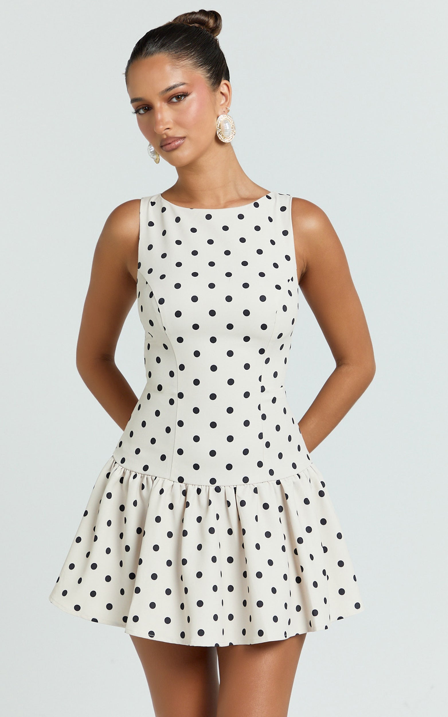 Brooke Mini Dress - Boat Neck Drop Waist Dress in Cream Polka Dot