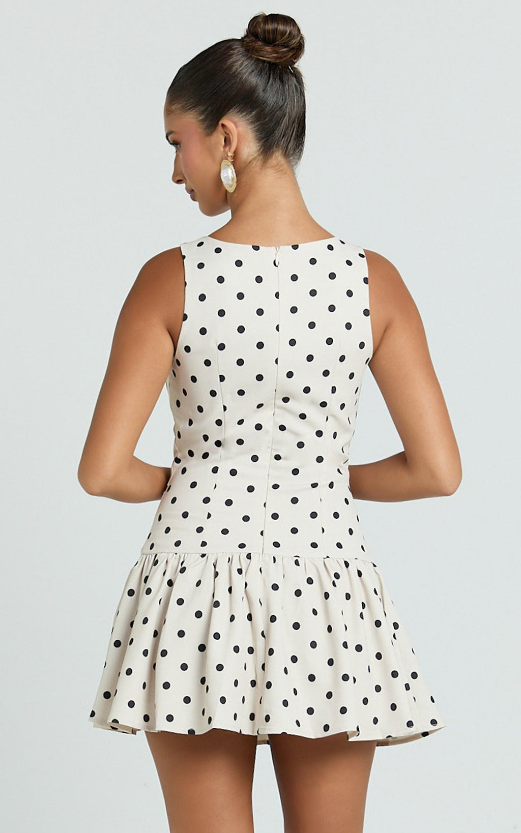 Brooke Mini Dress - Boat Neck Drop Waist Dress in Cream Polka Dot