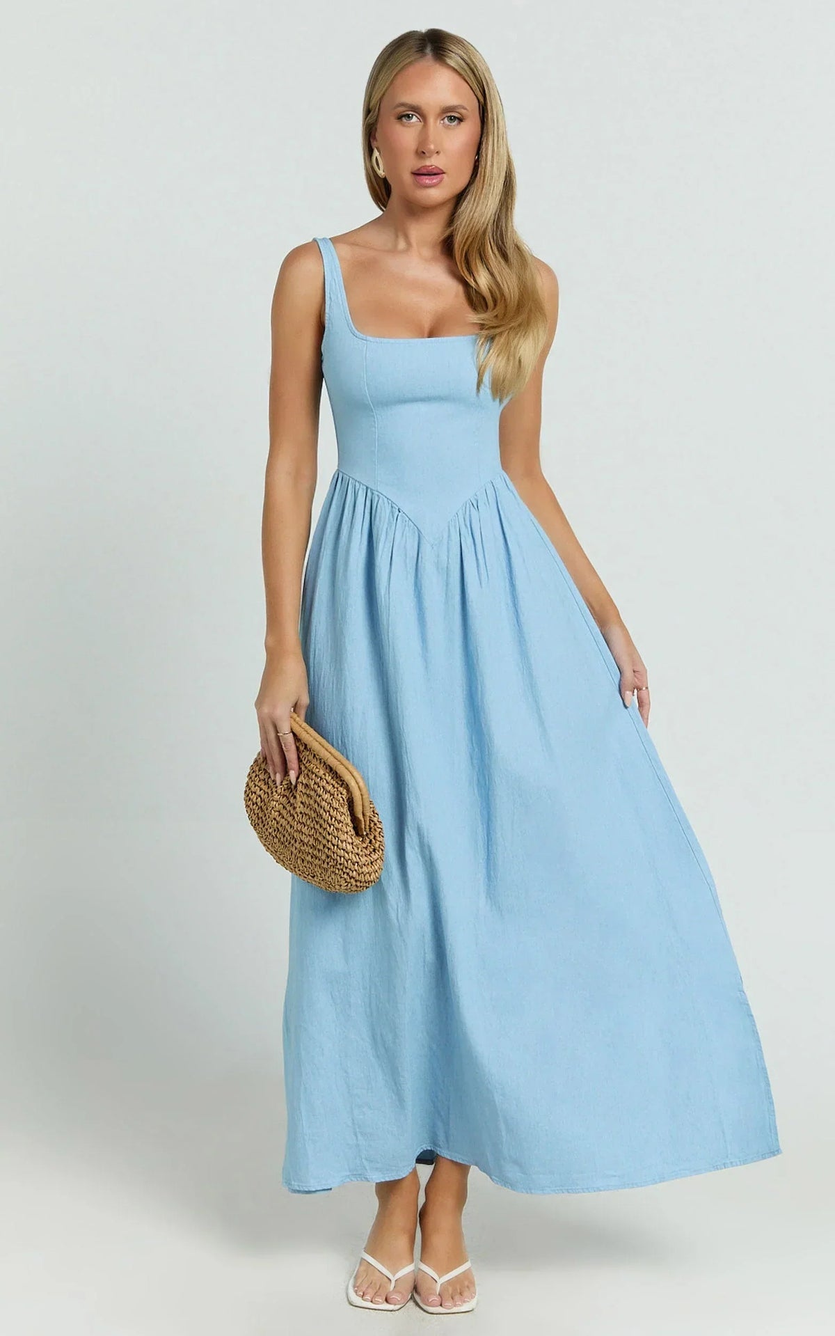 Rhaziya Midi Dress - Sleeveless Straight Neck Fit and Flare Dress in Blue
