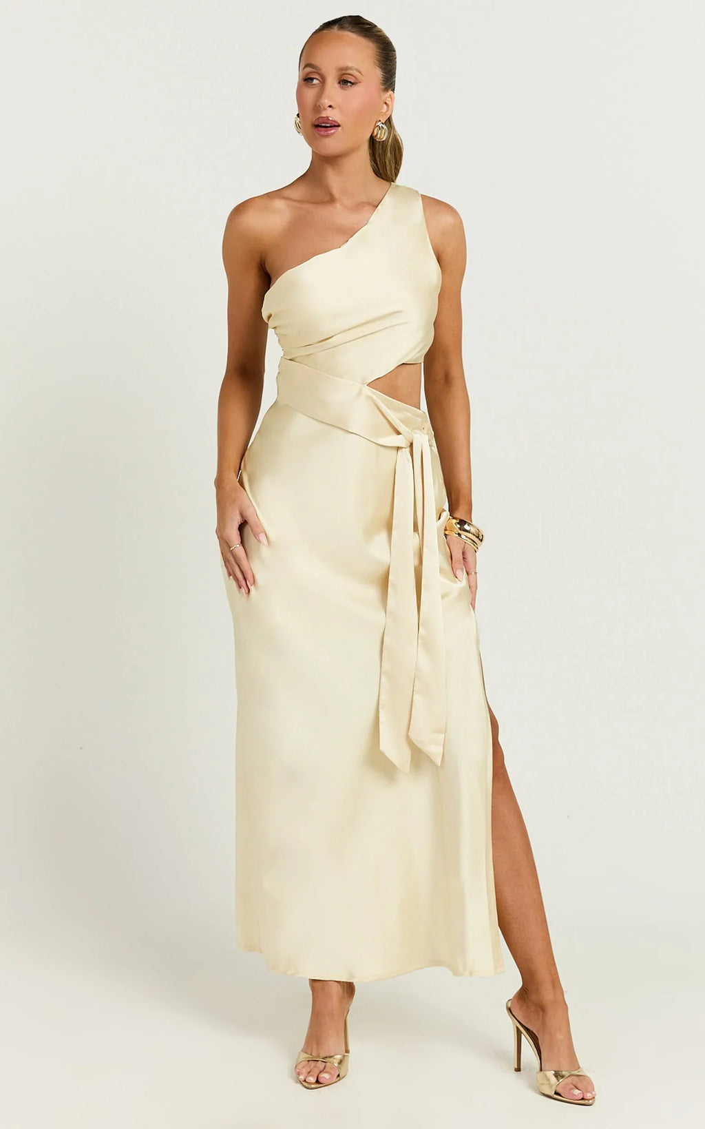 Regina Midi Dress - One Shoulder Cut Out Side Detail  Dress in Butter