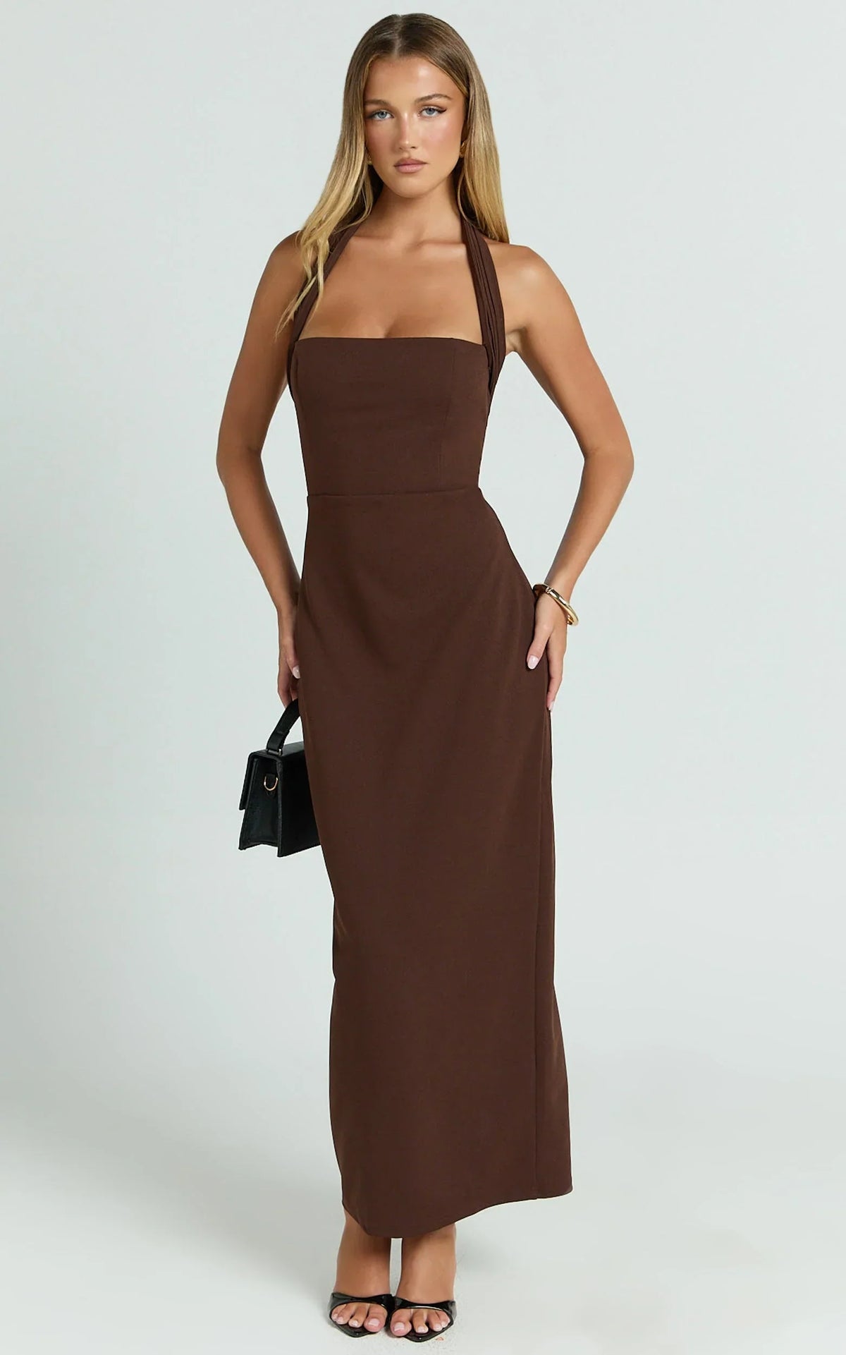 Salome Midi Dress - Halter Neck Column Dress in Chocolate