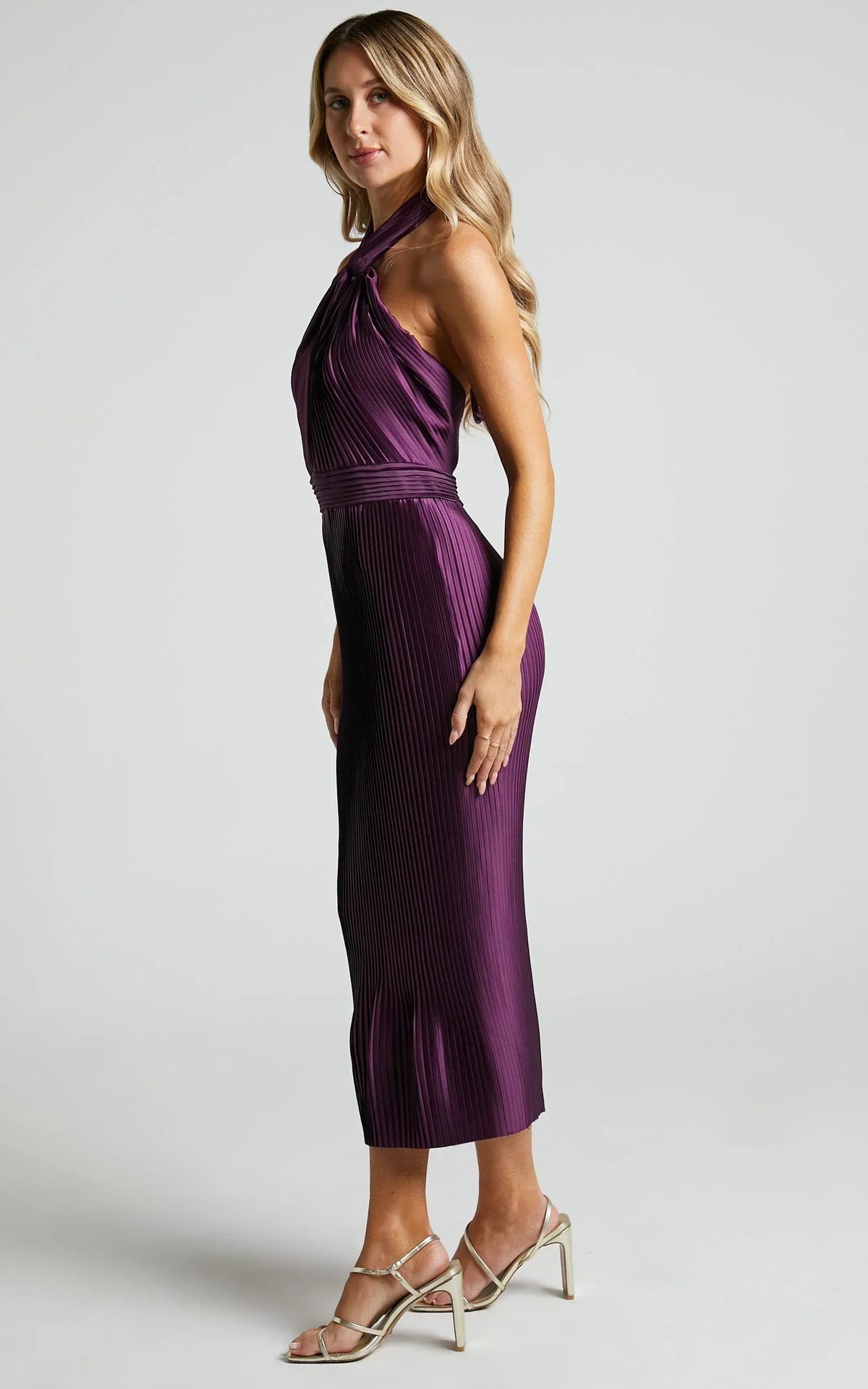 Marlette Midi Dress - Pleated Open Back Halter Dress in Aubergine
