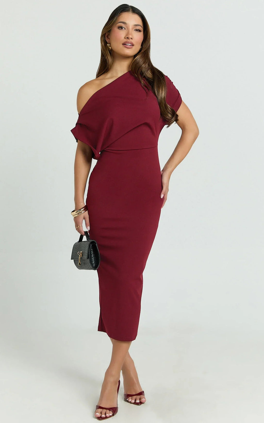 Nalfie Midi Dress - Tipped Shoulder Jersey Drape Dress in Wine