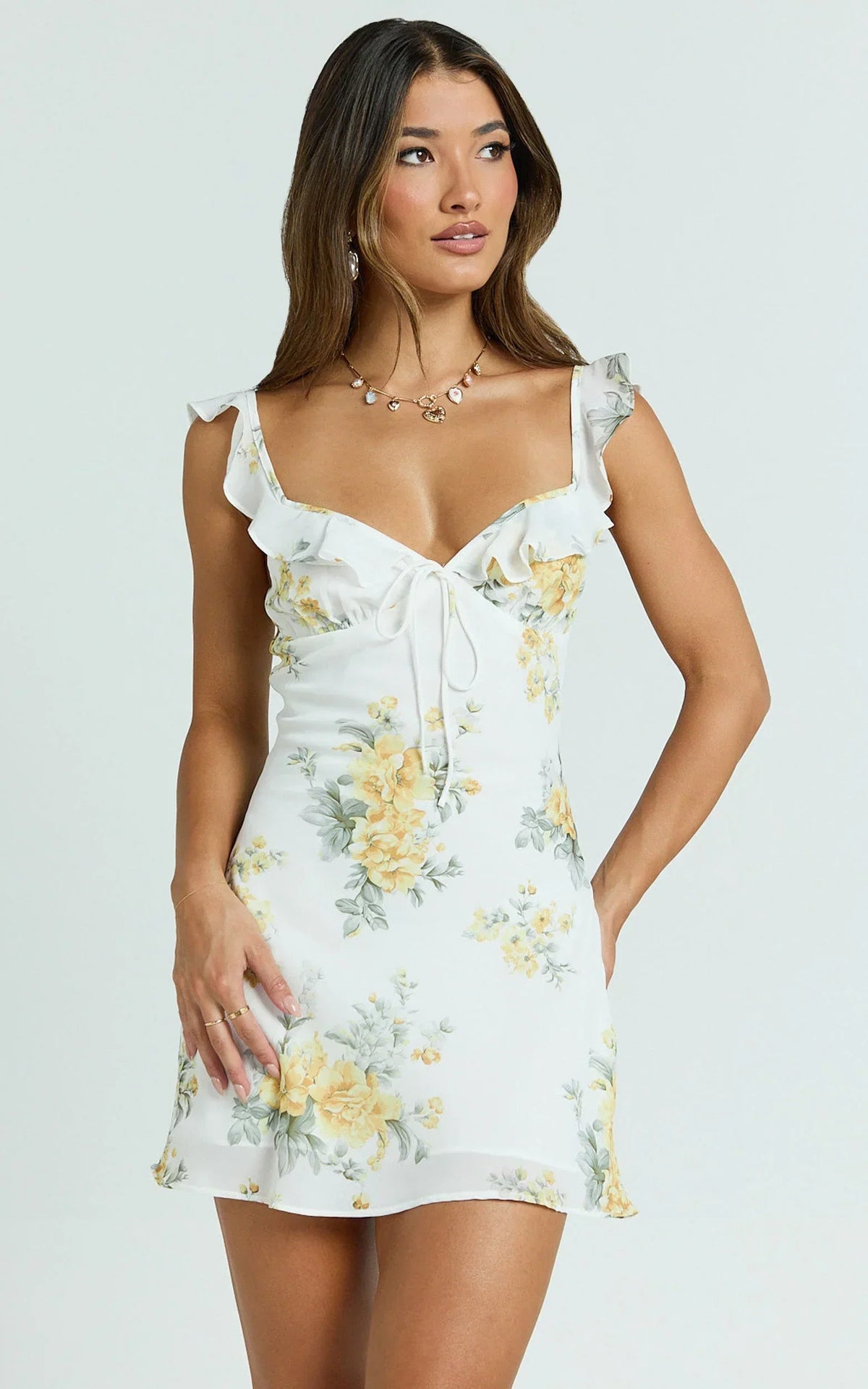 Azra Mini Dress - Georgette Frill Shoulder Sweetheart A Line Dress in Antique Florals