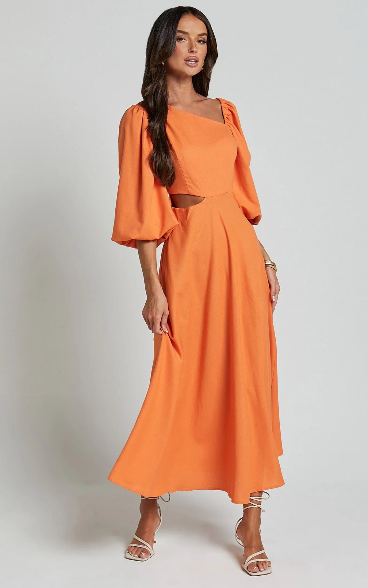 Rhyne Midi Dress - Asymmetric Puff Sleeve Side Cut Out A Line Dress in Papaya