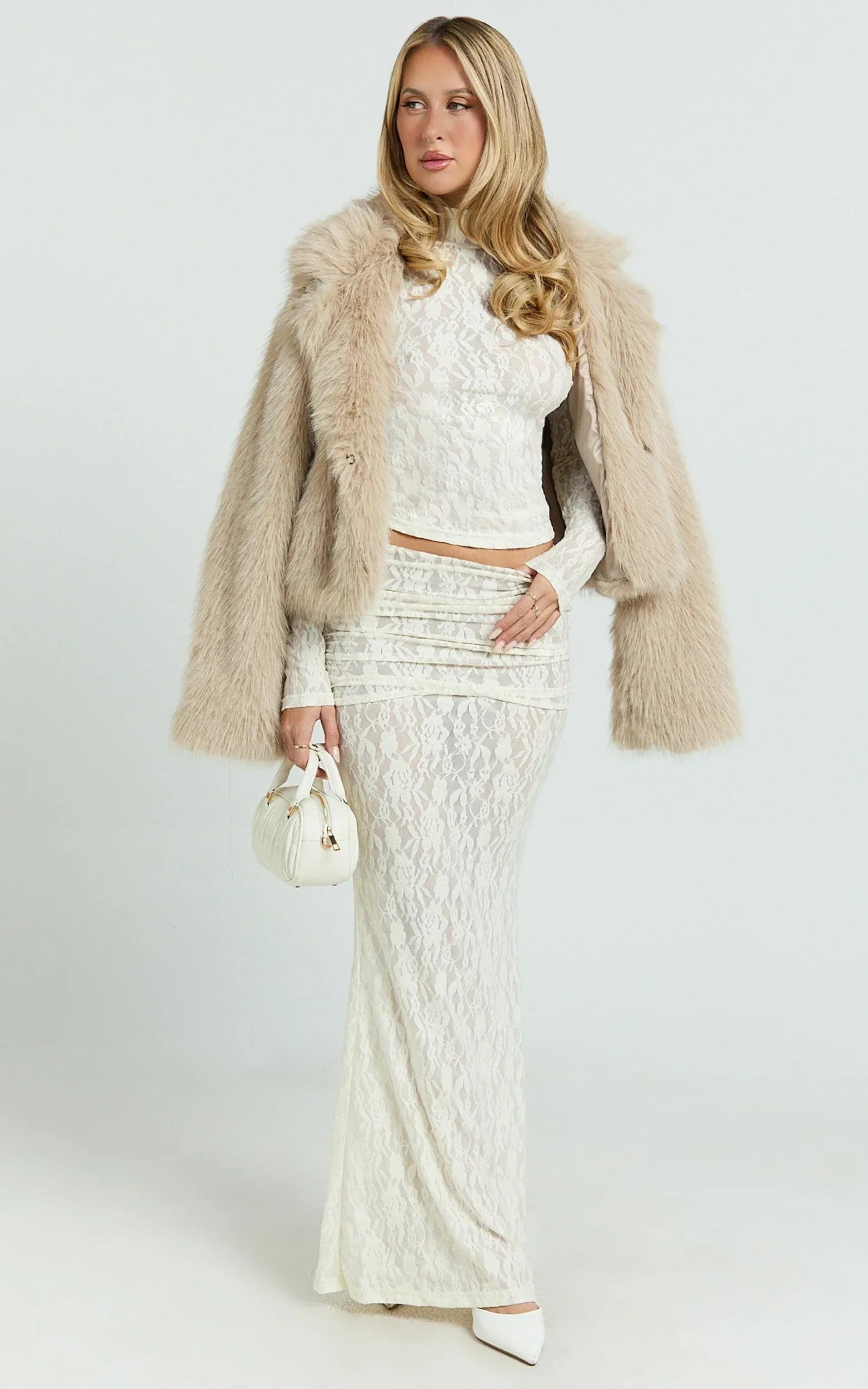 Kathleen Maxi Skirt - Mid Rise Ruched Wide Band Fishtail Jersey Skirt in Cream
