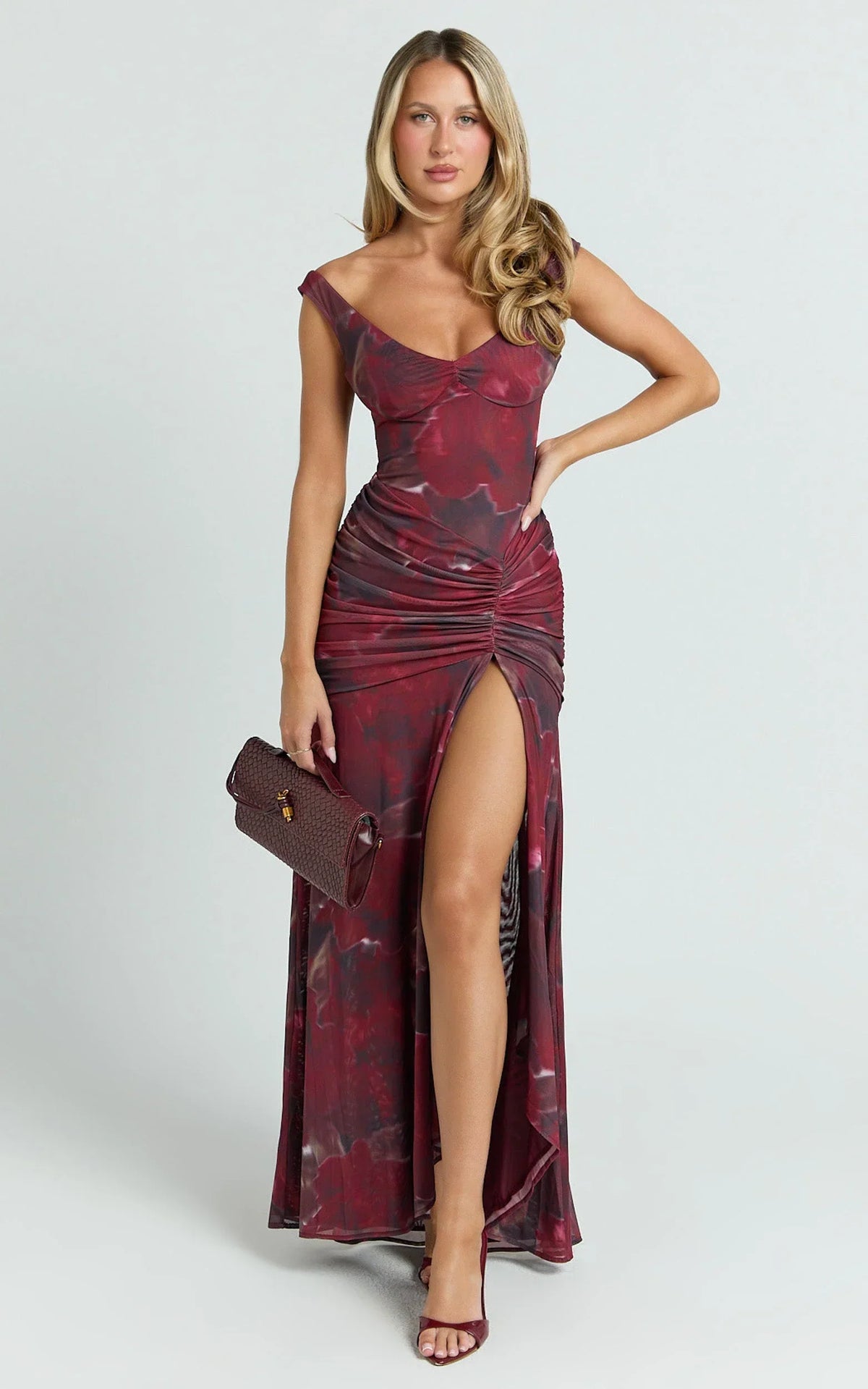 Demetria Midi Dress - Floral Mesh Printed Bodycon Dress in Burgundy Rose
