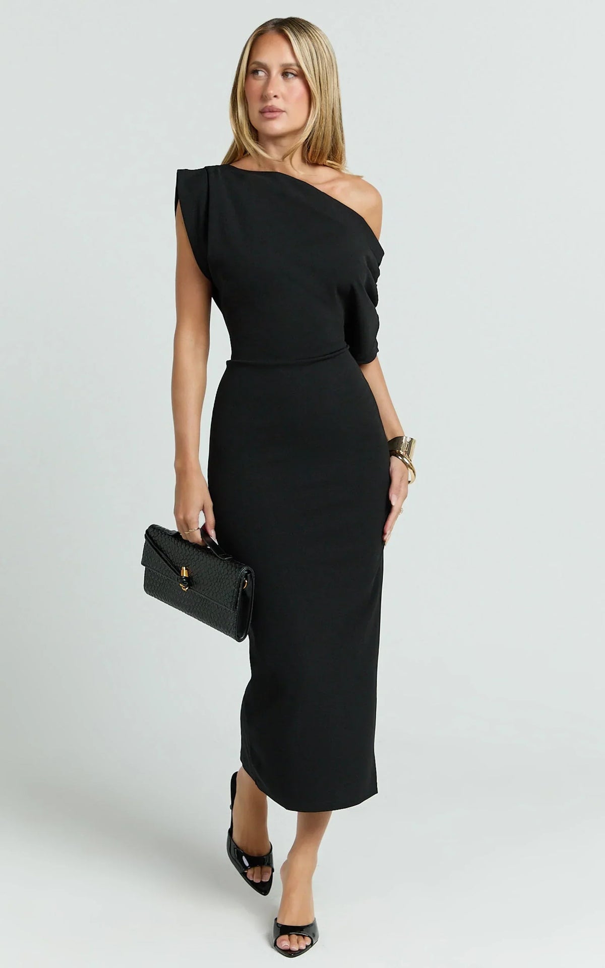 Nalfie Midi Dress - Tipped Shoulder Jersey Drape Dress in Black