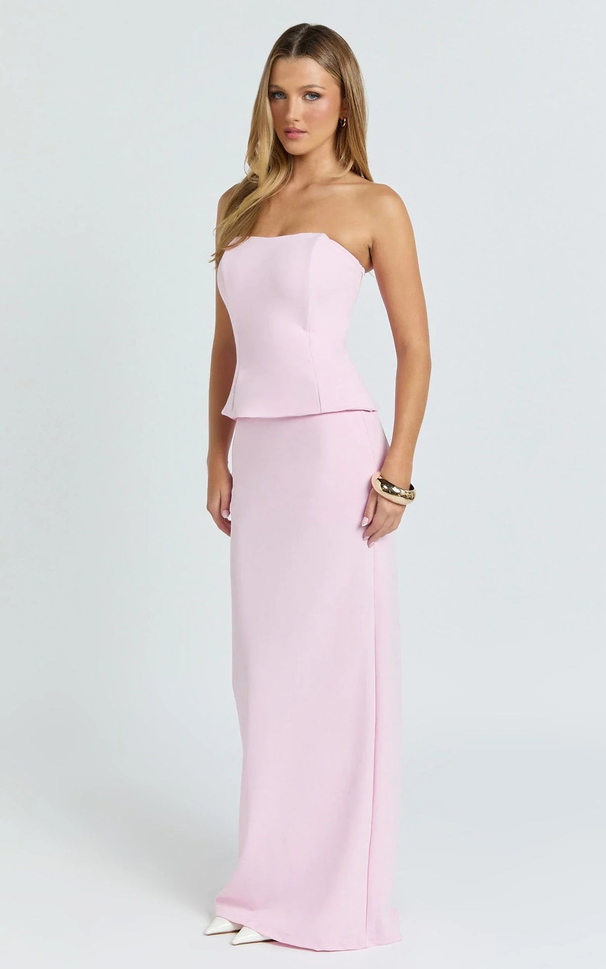 Anya Two Piece Top and Skirt Set - Strapless Fit And Flare Top And Maxi Skirt in Pink