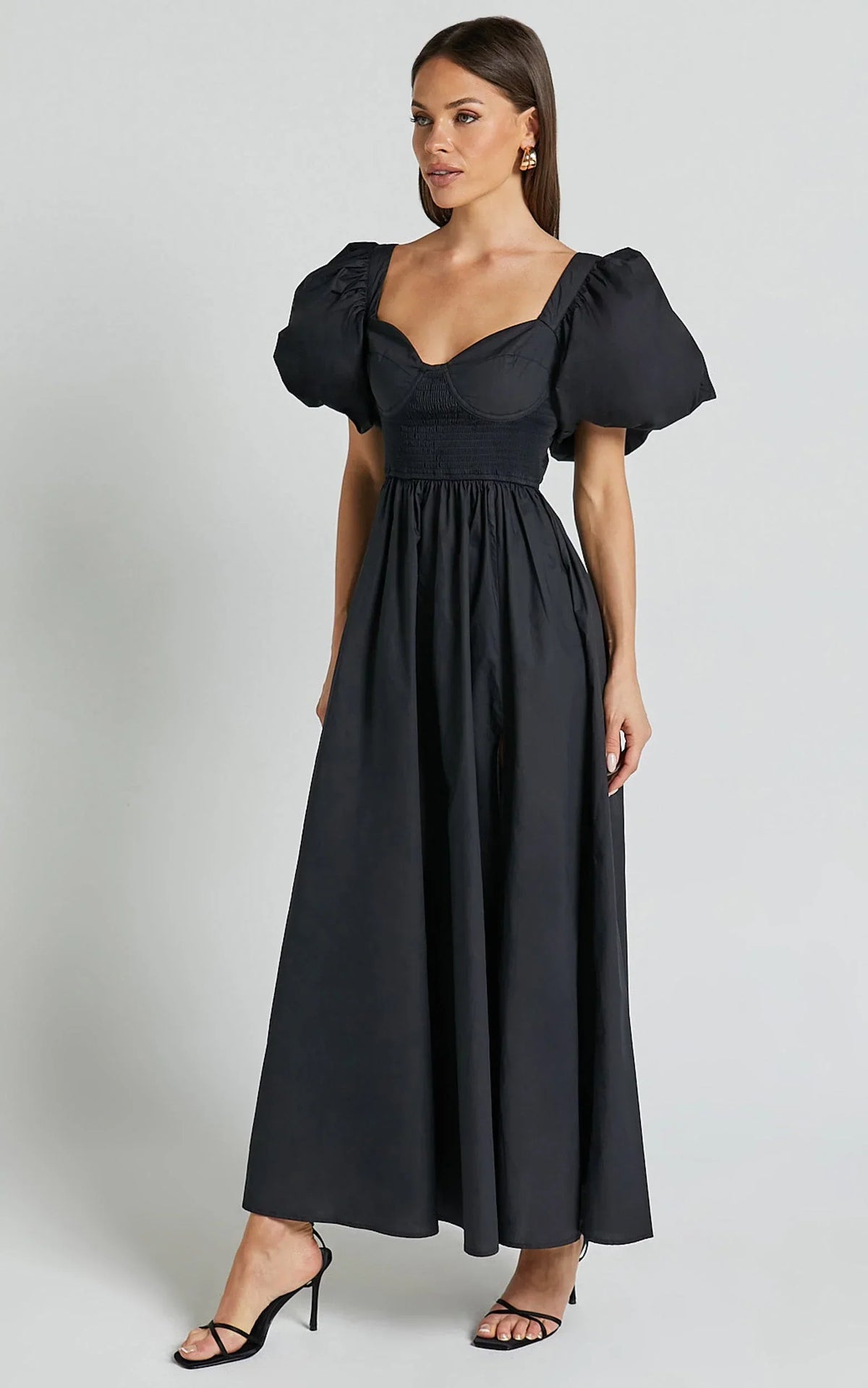 Raiza Midi Dress - Shirred Waist Puff Sleeve Dress in Black