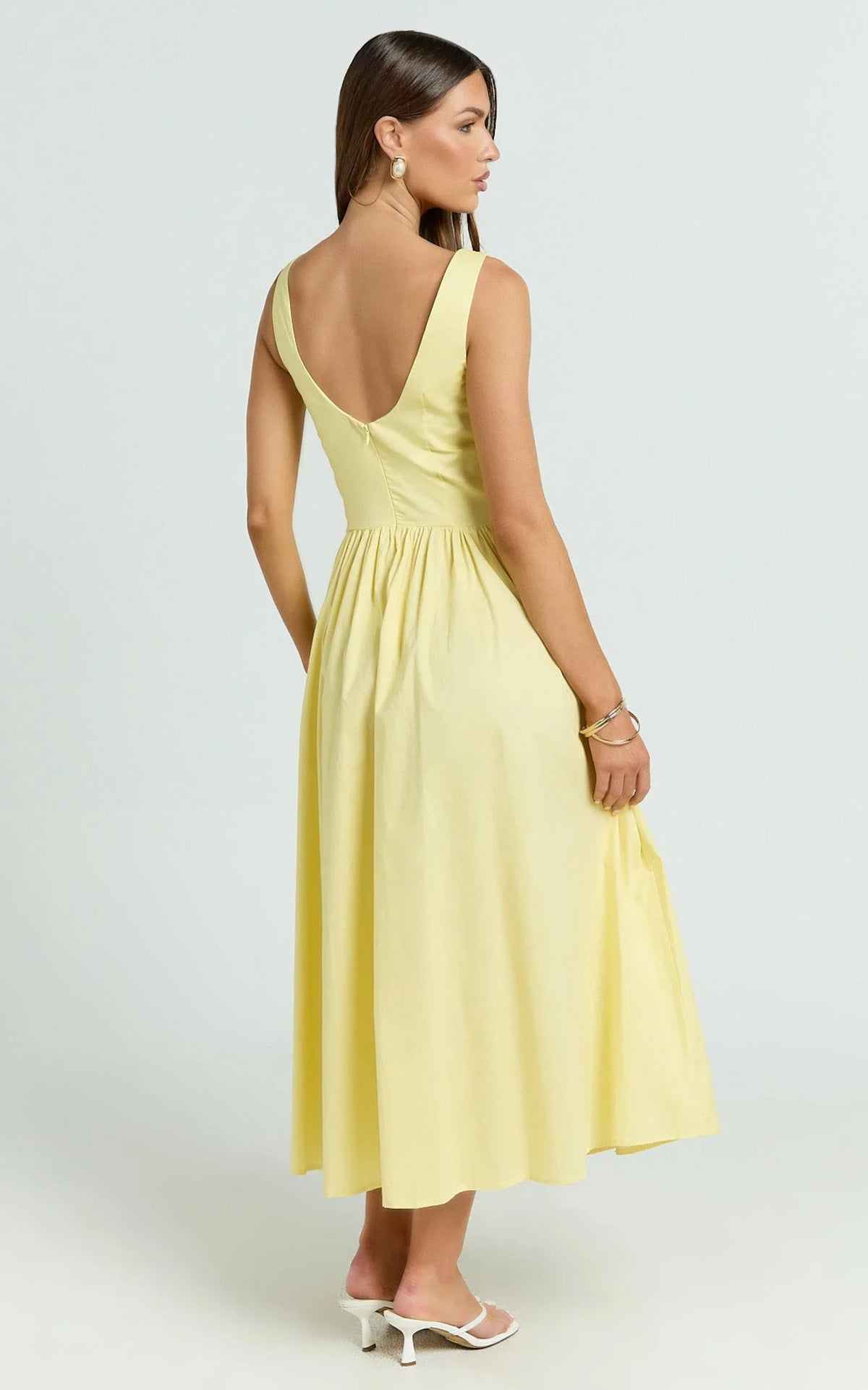 Beckett Midi Dress - Scoop Neck Drop V Waist Gathered Skirt Dress in Butter Yellow