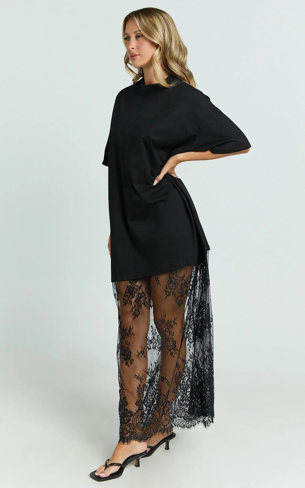 Jonna Midi Dress - Longline Lace Insert Tee in Black