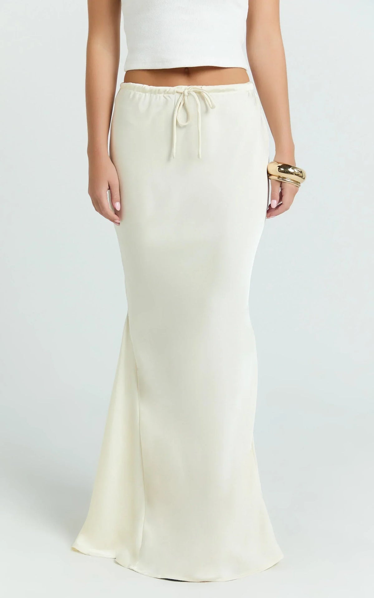 Jenna Maxi Skirt - Mid Waisted Satin Maxi Skirt in Oyster