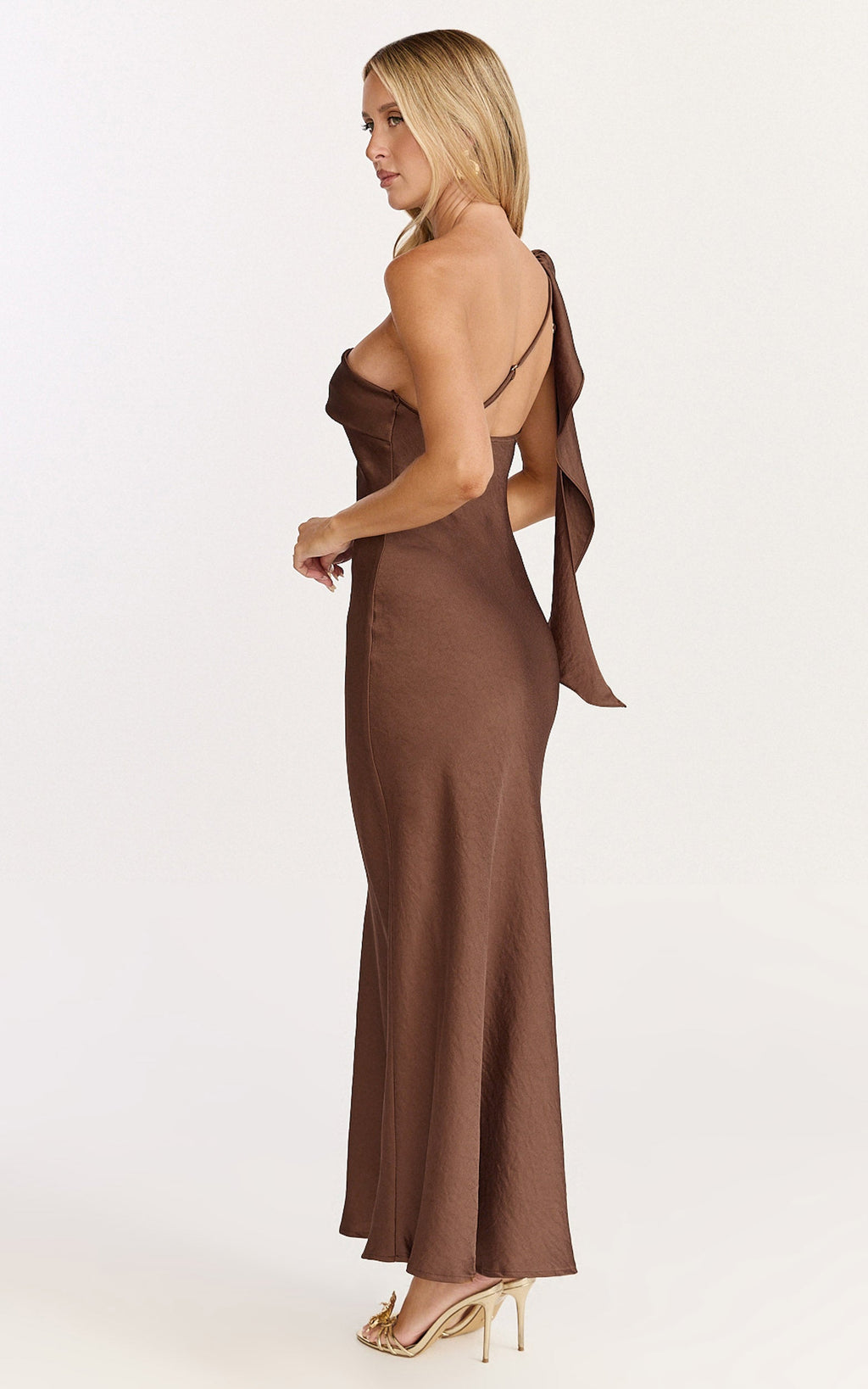 Calix Midi Dress - One Shoulder Slip Dress in Chocolate