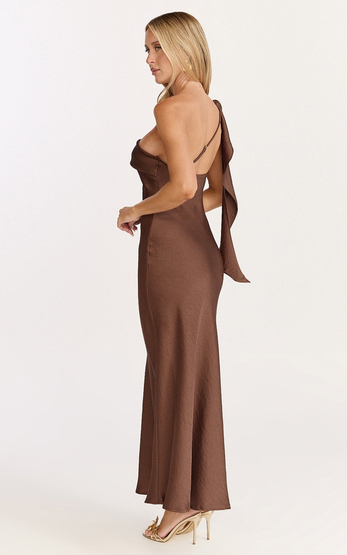 Calix Midi Dress - One Shoulder Slip Dress in Chocolate