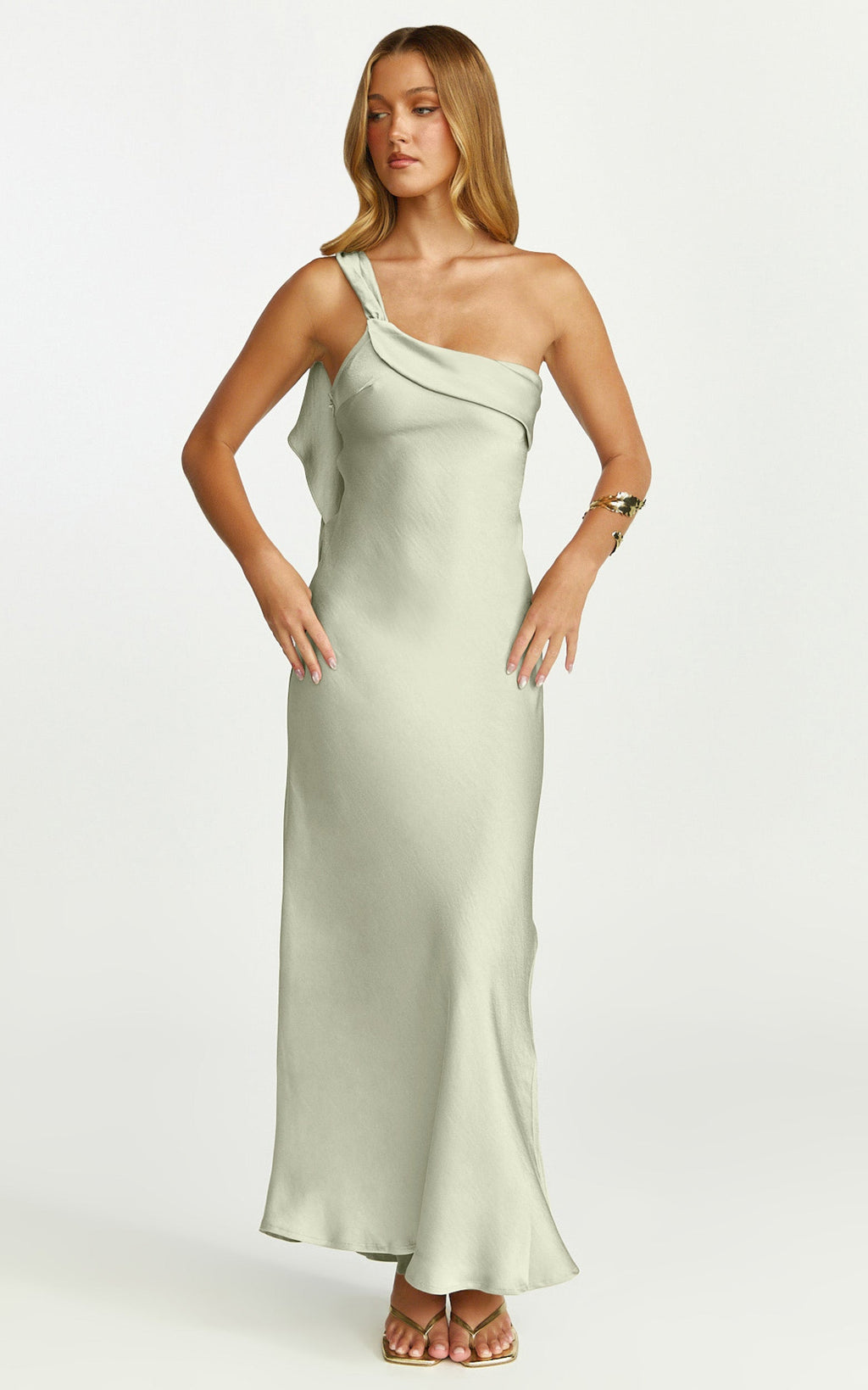 Calix Midi Dress - One Shoulder Slip Dress in Light Olive