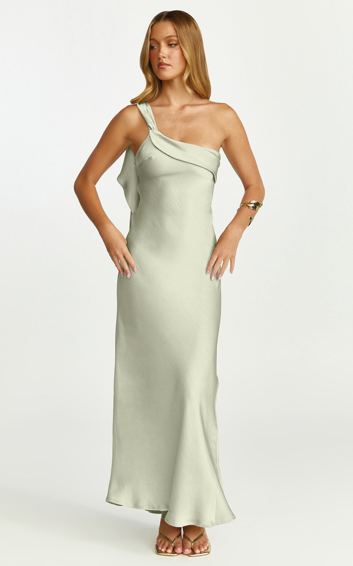 Calix Midi Dress - One Shoulder Slip Dress in Light Olive
