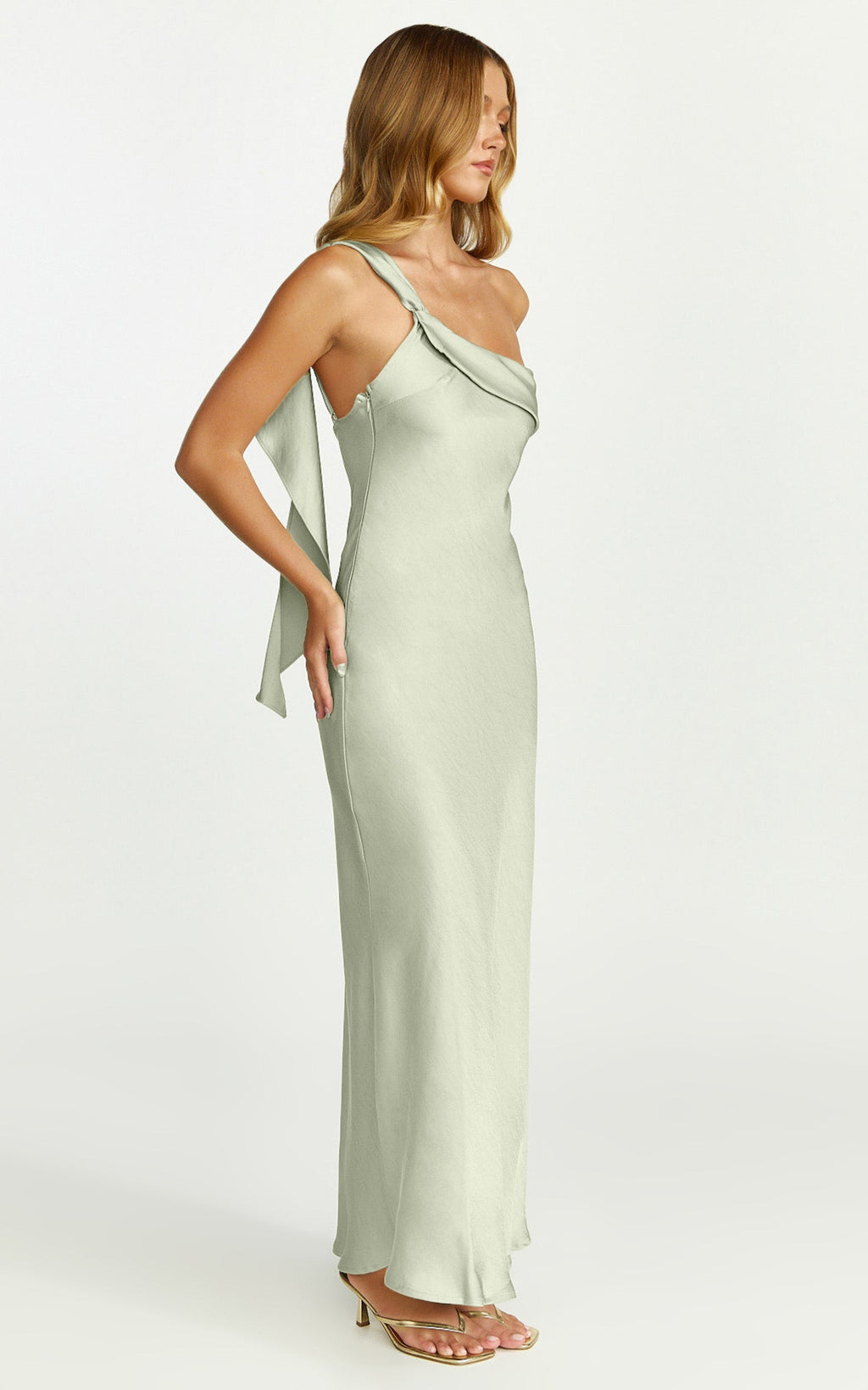 Calix Midi Dress - One Shoulder Slip Dress in Light Olive