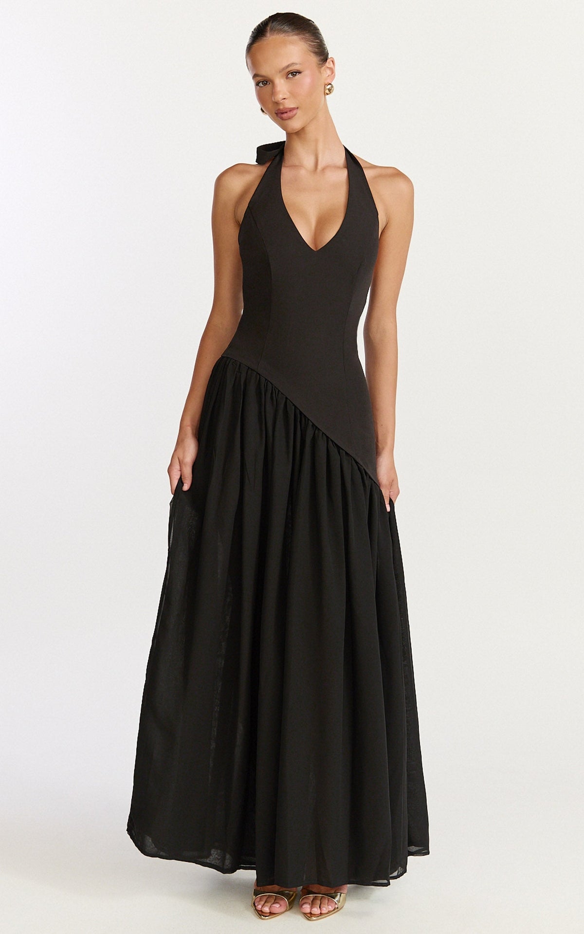 Calla Maxi Dress - Halter Neck Asymmetric Dropped Waist Dress in Black