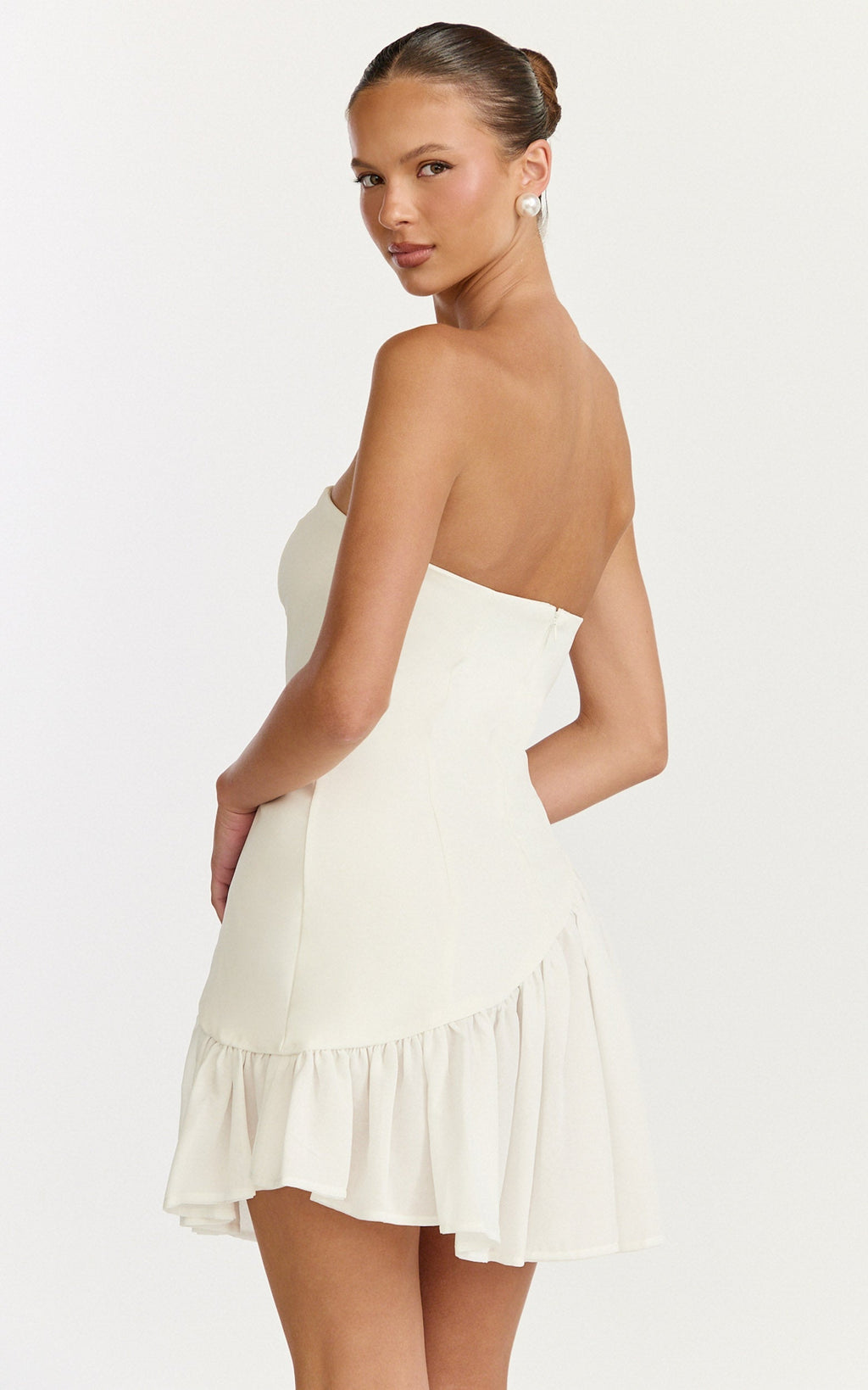 Calla Mini Dress - Strapless Gathered Asymmetric Dropped Waist Dress in White
