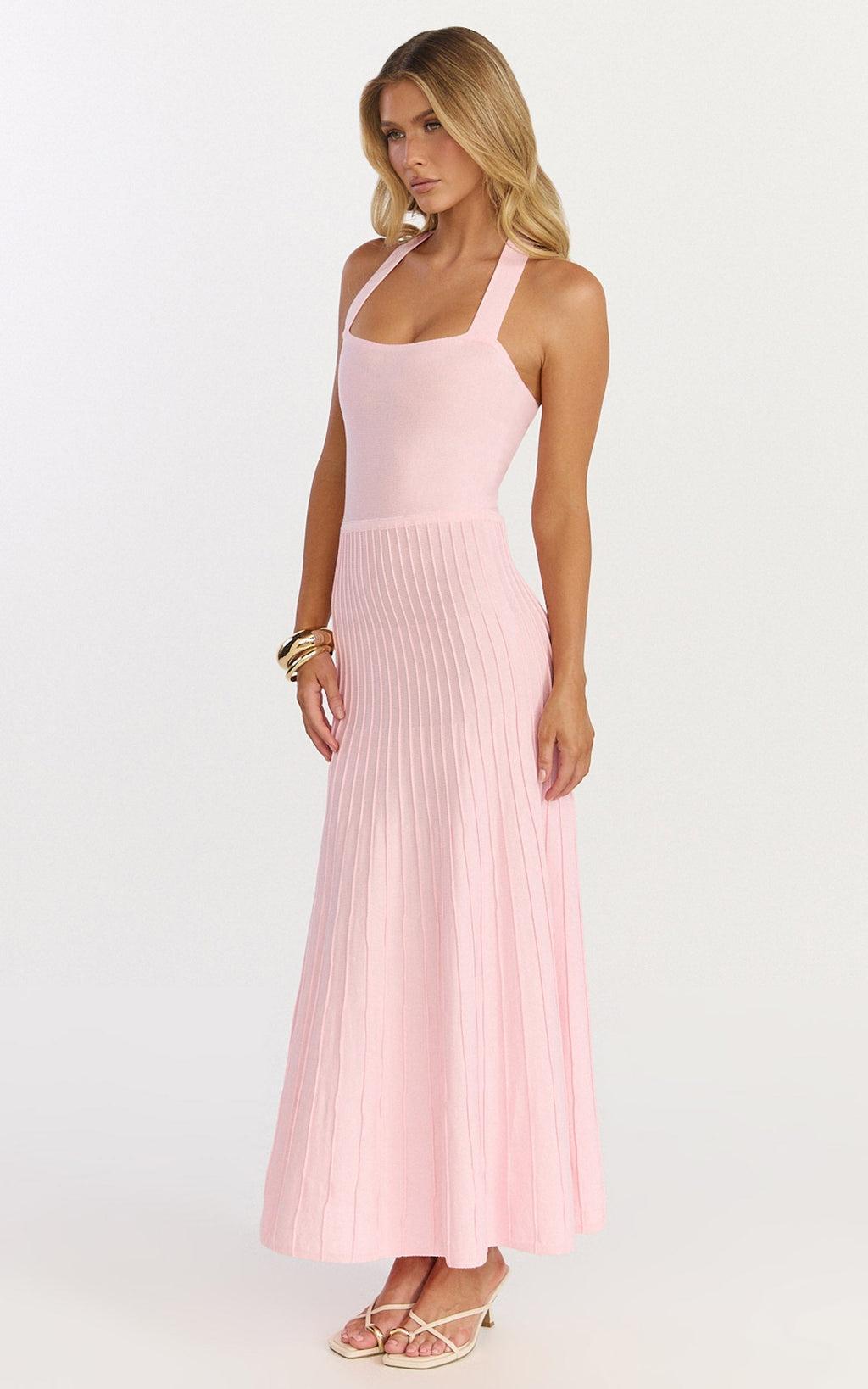 Candace Midi Dress - Halter Neck Ribbed Knit Dress in Pale Pink