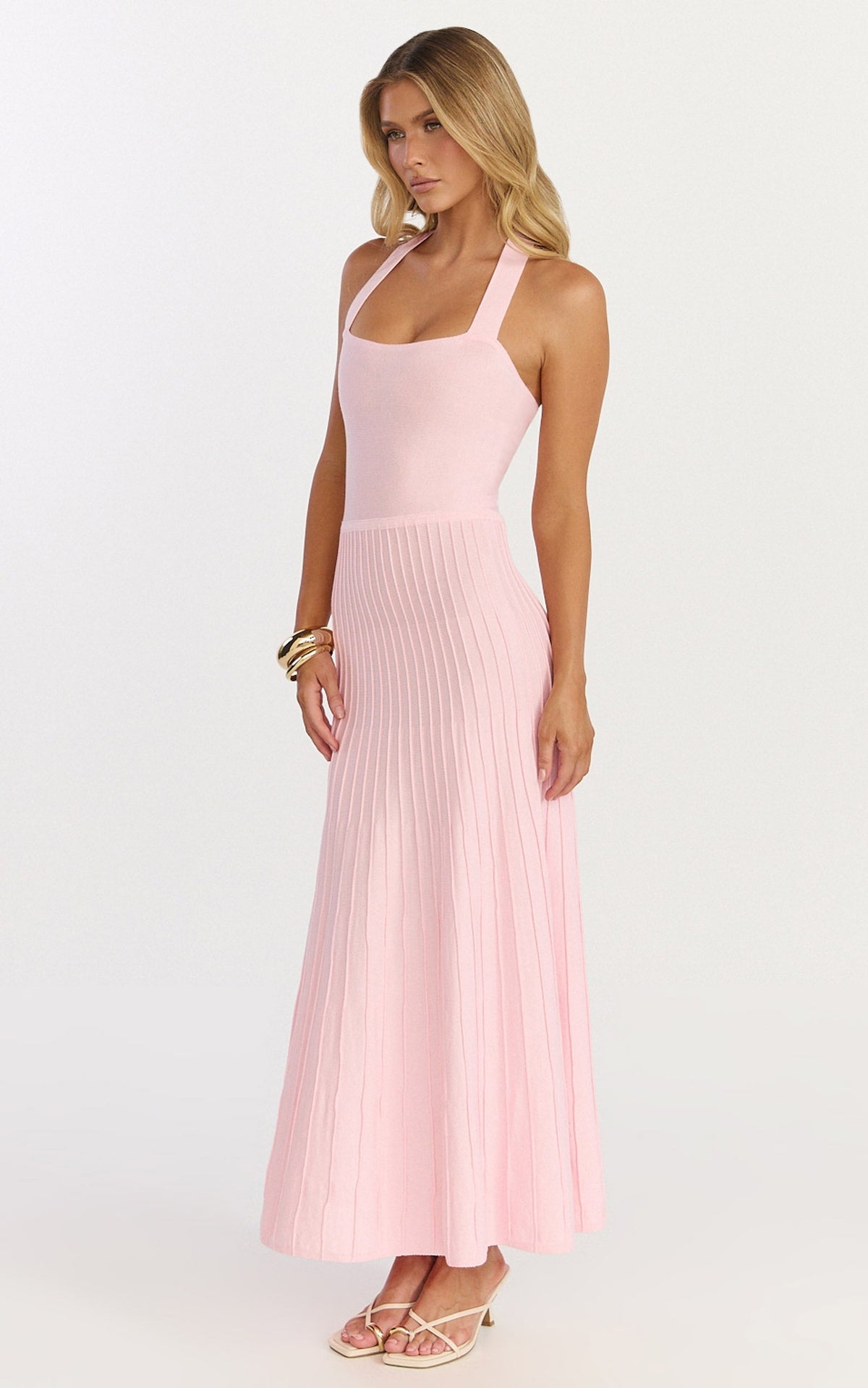 Candace Midi Dress - Halter Neck Ribbed Knit Dress in Pale Pink