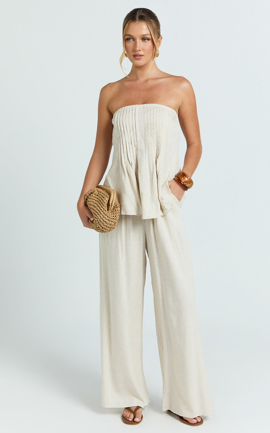 Carli Two Piece Top and Pants Set - Cotton Tube Pant Set in Beige