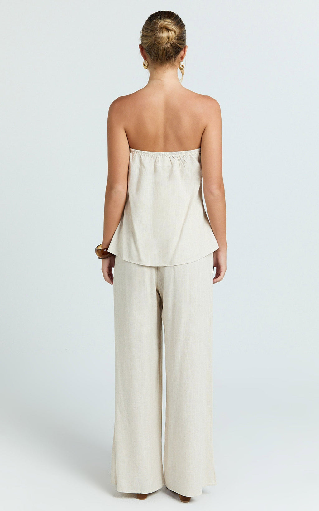 Carli Two Piece Top and Pants Set - Cotton Tube Pant Set in Beige