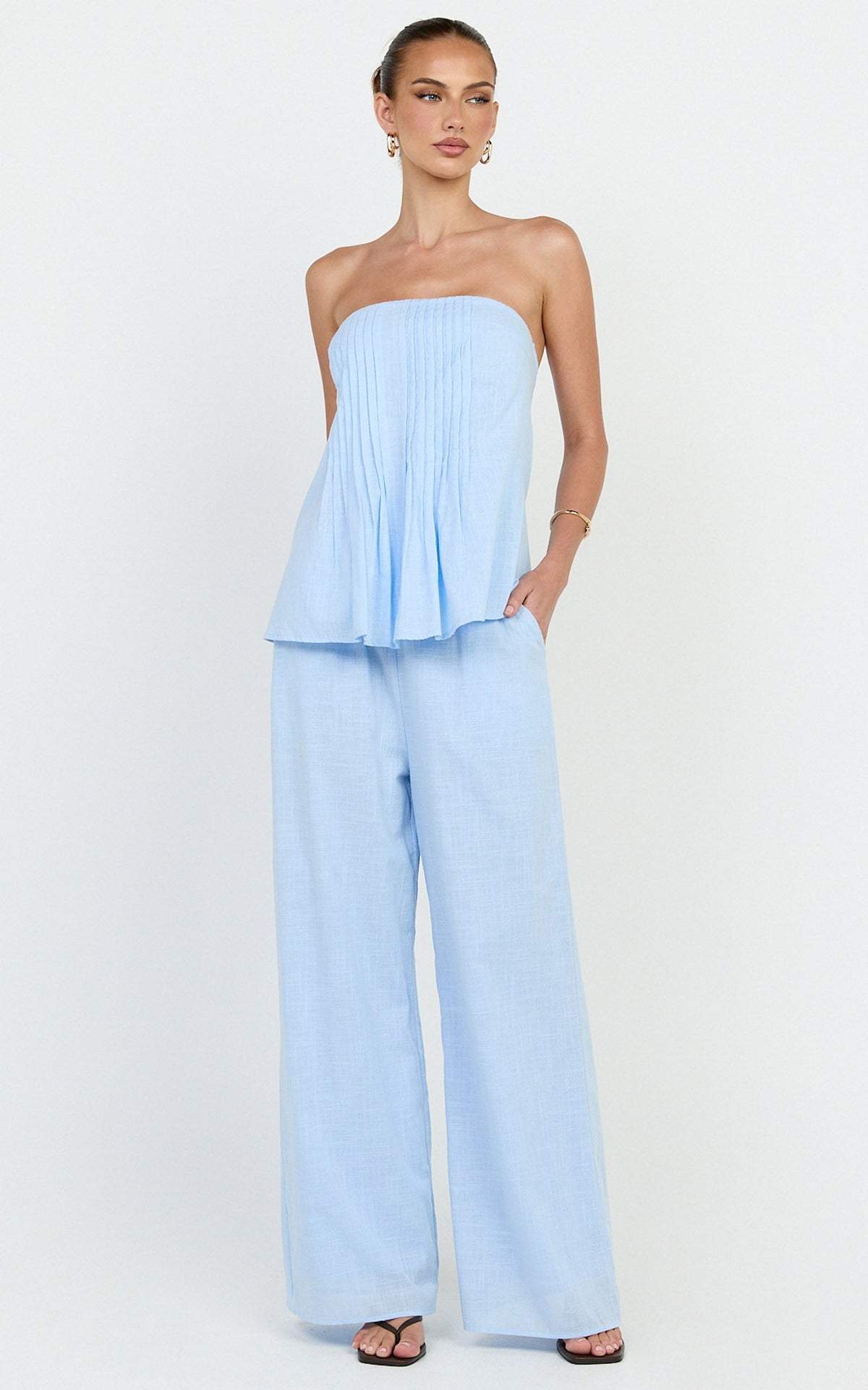 Carli Two Piece Top and Pants Set - Cotton Tube Pant Set in Blue