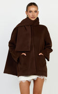 Carys Coat - Oversized Long Sleeve Coat With Neck Scarf in Chocolate