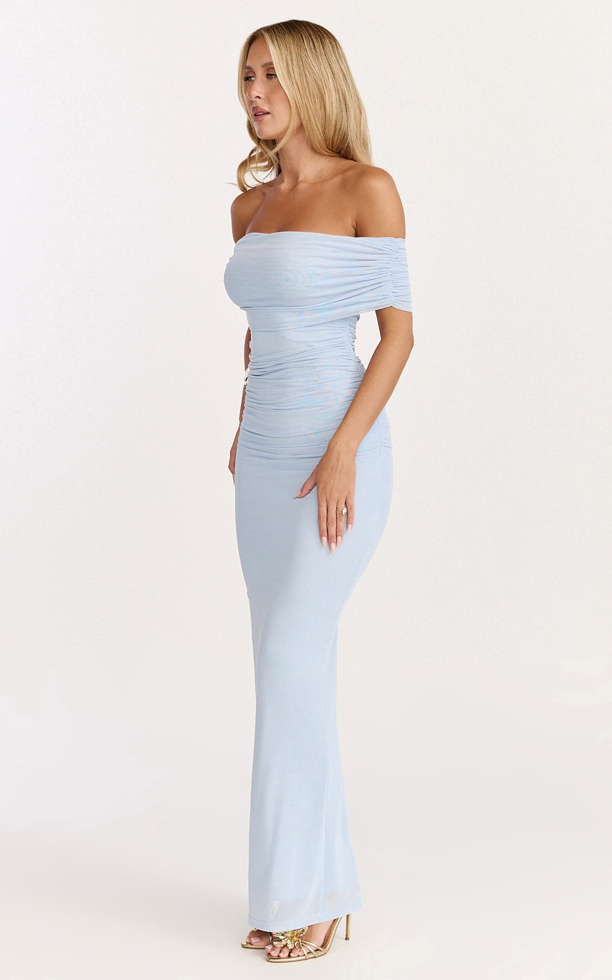 Caterina Maxi - Ruched Off Shoulder Mesh Dress in Pale Blue