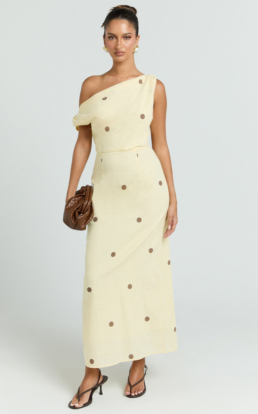 Cia Midi Dress - One Shoulder Dress in Yellow Choc Polka Dot