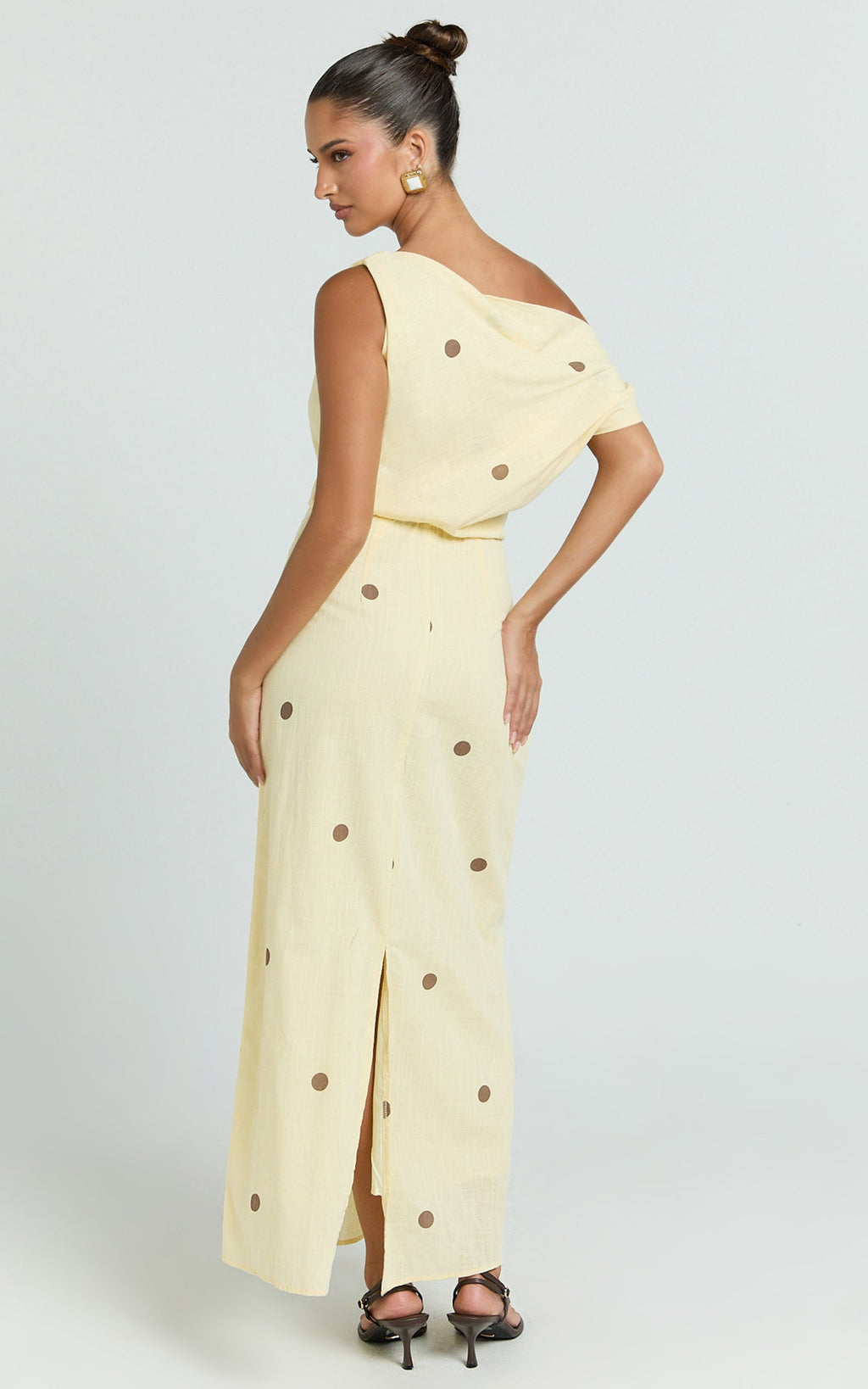 Cia Midi Dress - One Shoulder Dress in Yellow Choc Polka Dot