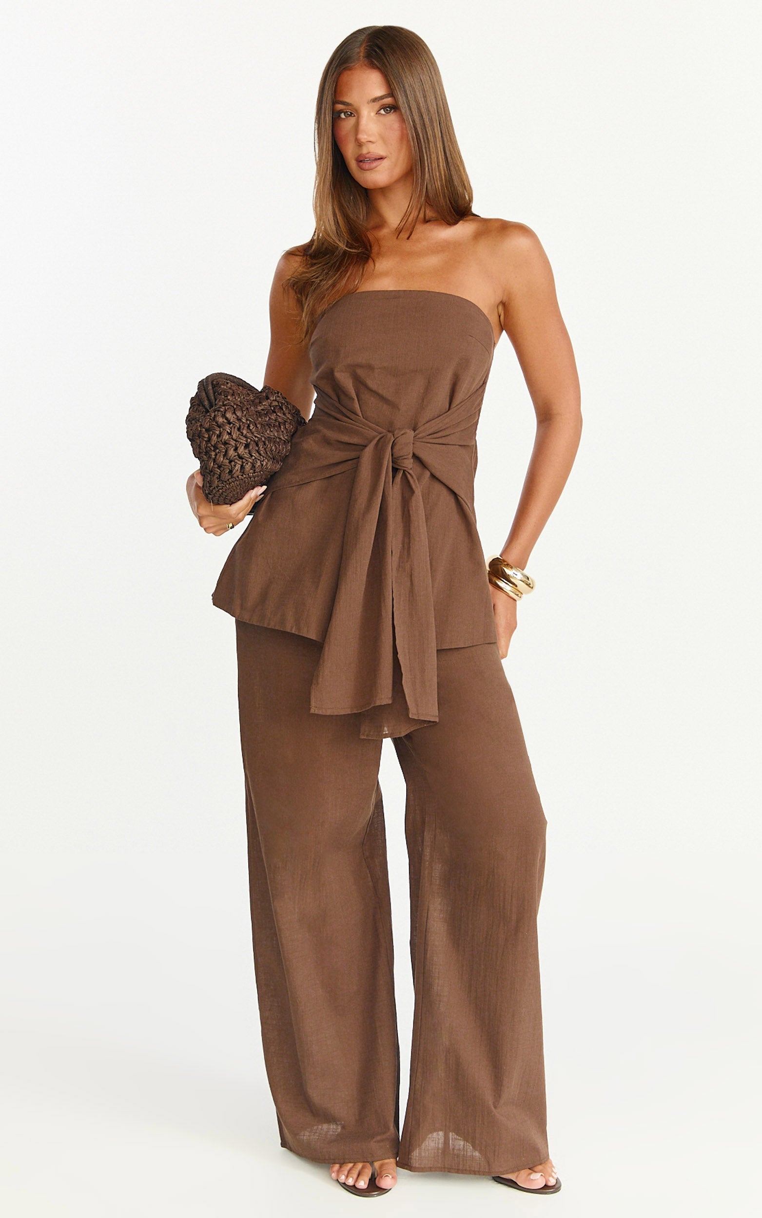 Cora Paige Two Piece Set - Strapless Tie Detail Top and Wide Leg Pant Set in Chocolate