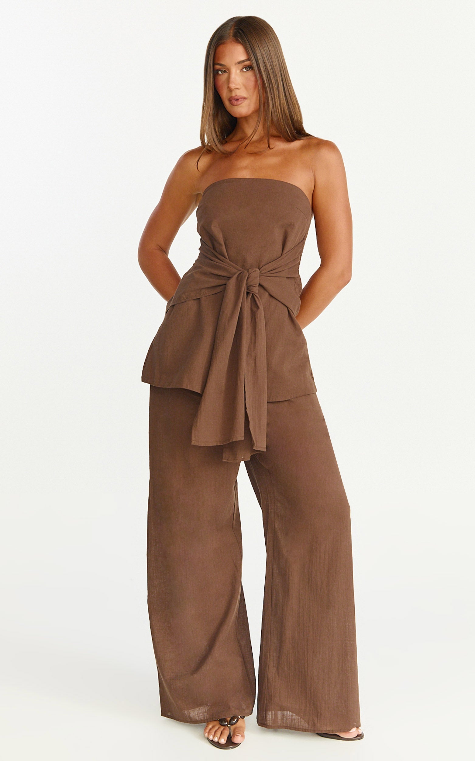 Cora Paige Two Piece Set - Strapless Tie Detail Top and Wide Leg Pant Set in Chocolate
