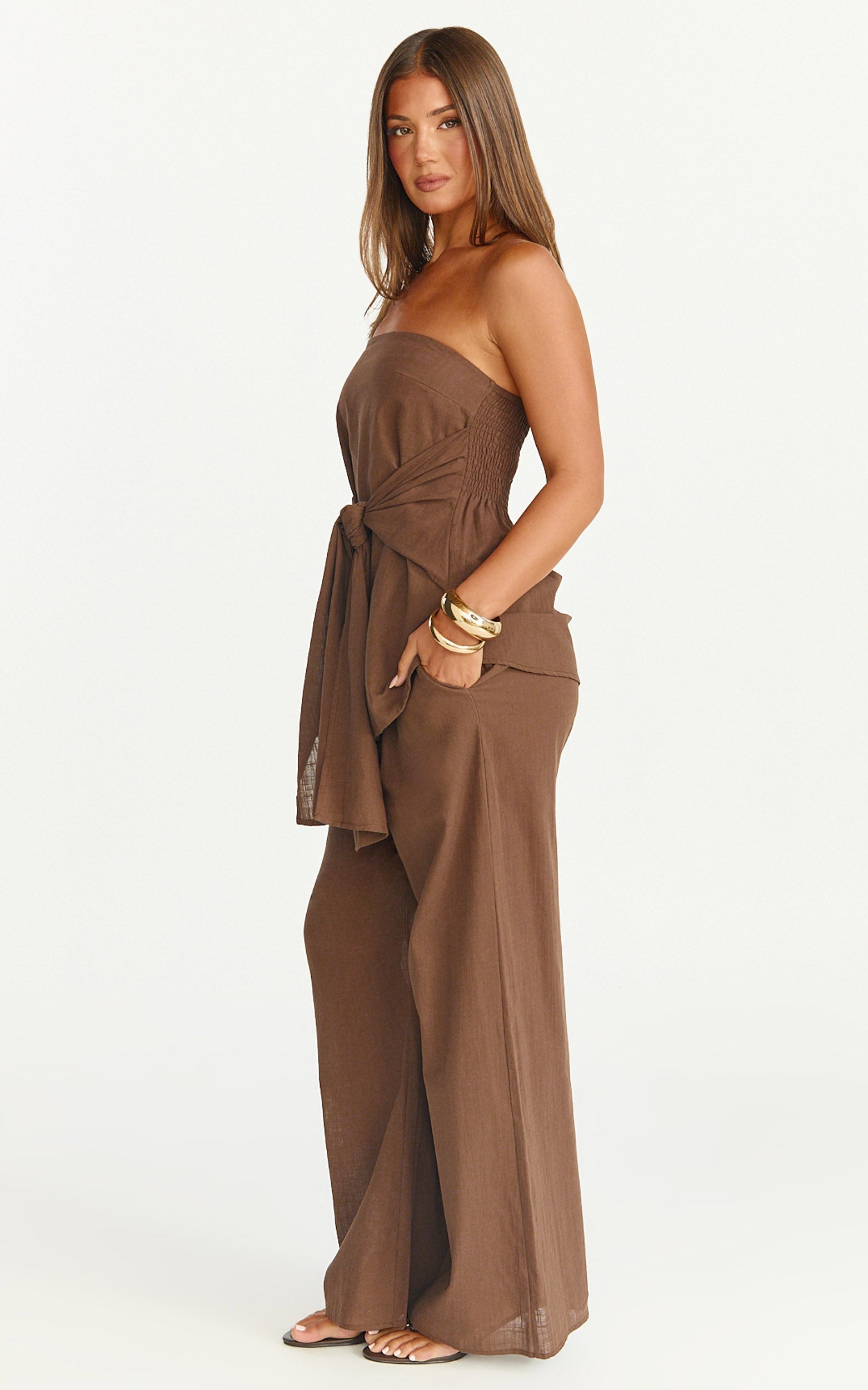 Cora Paige Two Piece Set - Strapless Tie Detail Top and Wide Leg Pant Set in Chocolate