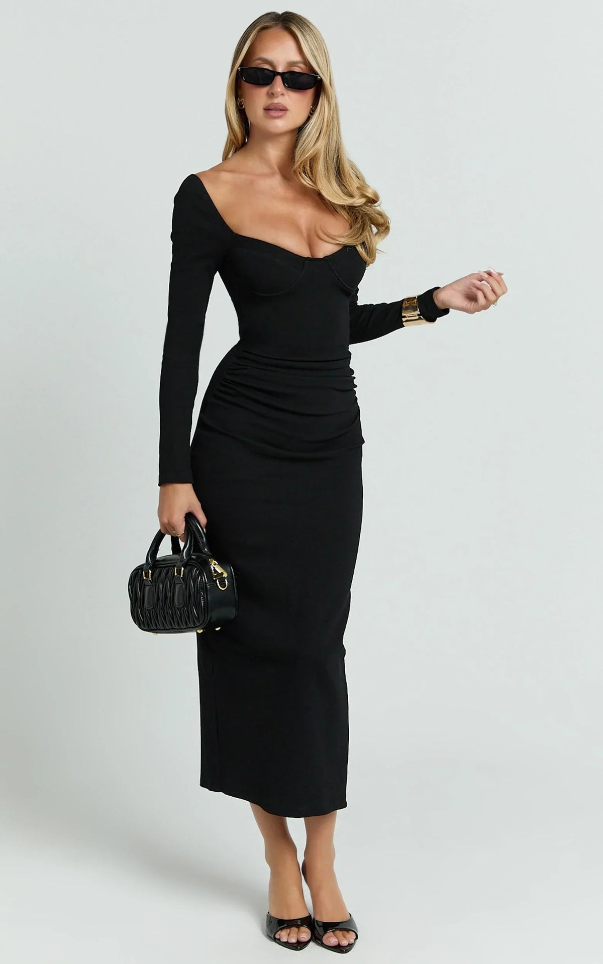 Naya Midi Dress - Long Sleeve Sweetheart Neck Bodycon Dress in Black